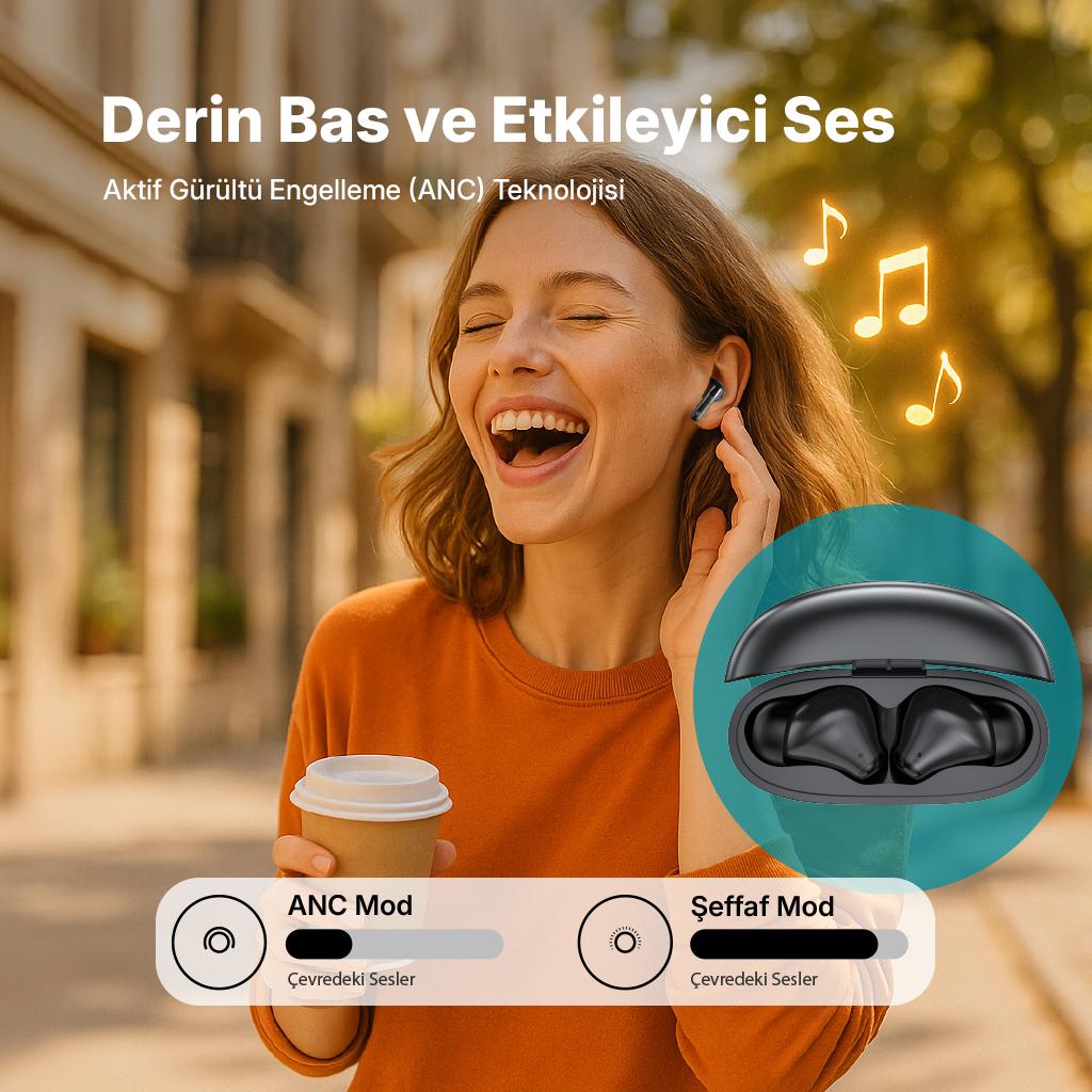 Kulakhklarla, kahve fincanı, şarj kutusu ve müzik notaları olan kadın. ANC ve şeffaf mod kaydırıcıları.