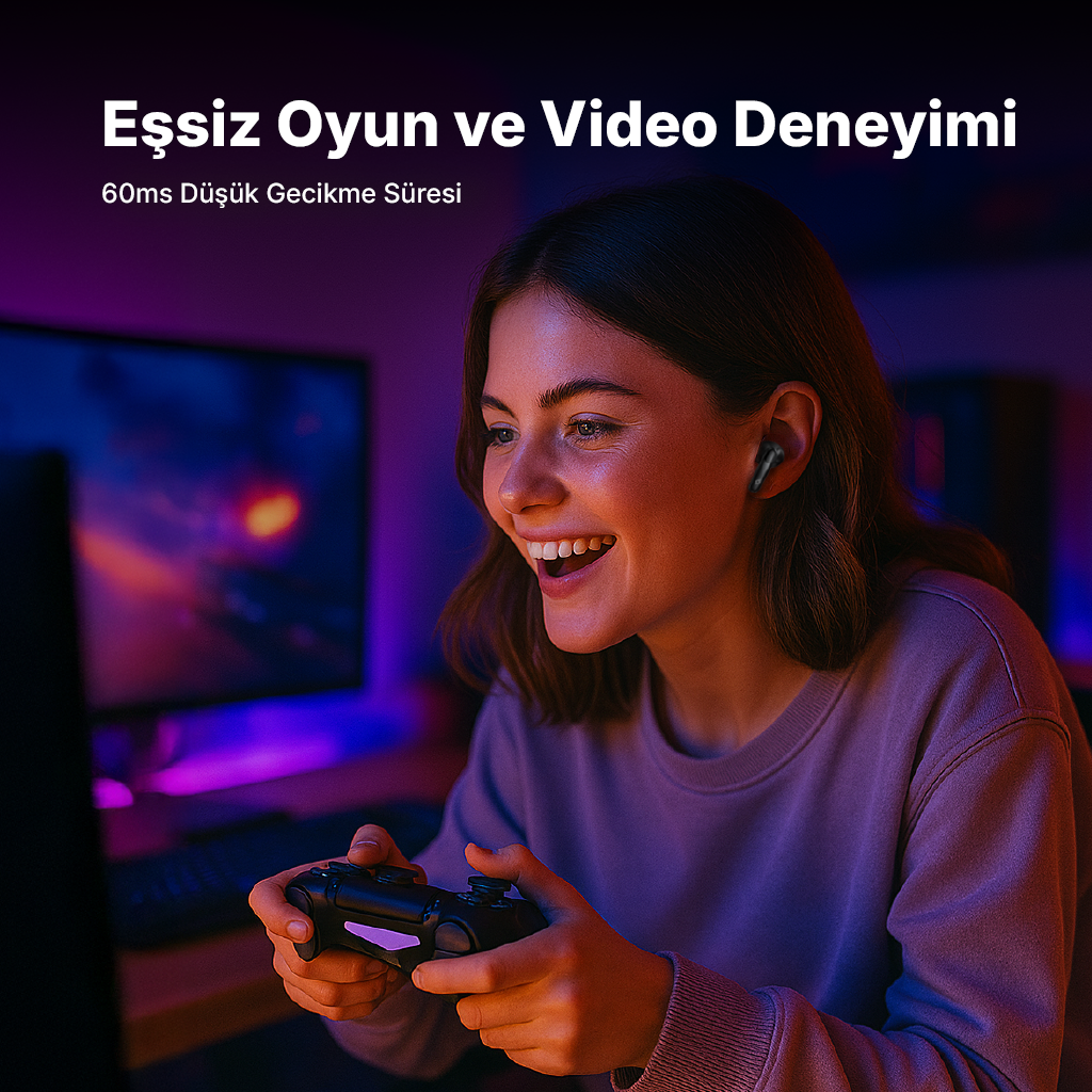 Genç bir kadın kumanda ile oynuyor ve kulaklık takıyor.