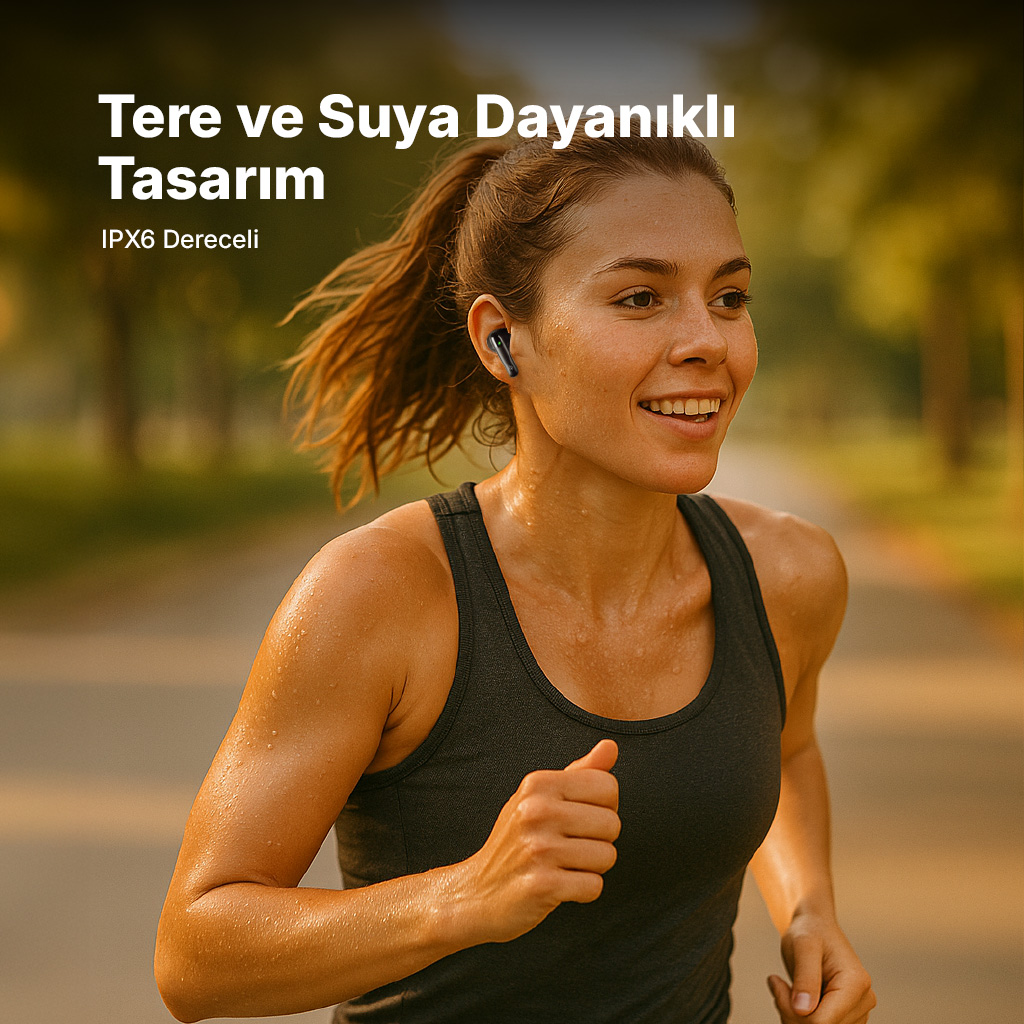 Kulaklık takan terli bir kadın dışarıda bir yolda koşuyor.