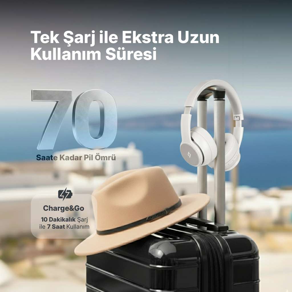 Bagaj, kulaklık ve şapka, 70 saat pil ömrü.