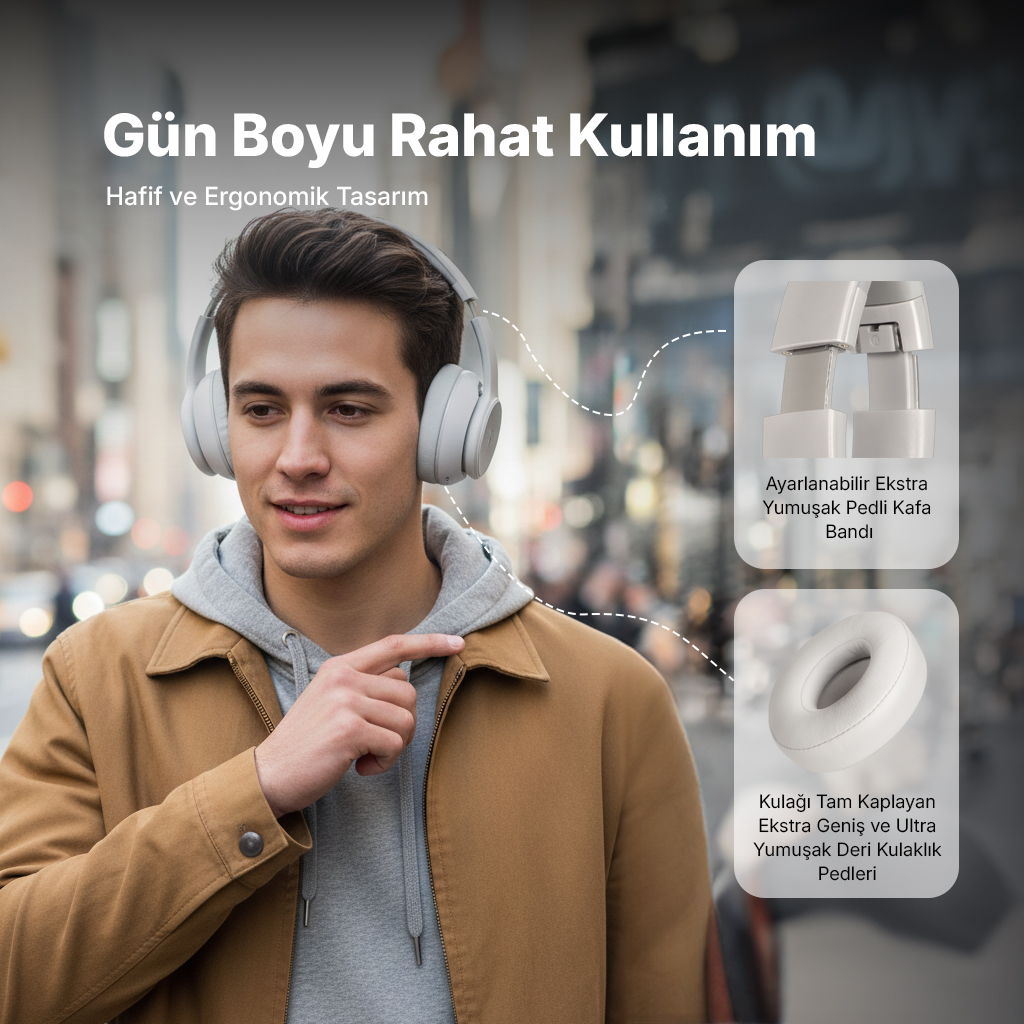 Kulaklıklı erkek; ayarlanabilir kafa bandı ve kulak yastıkları.