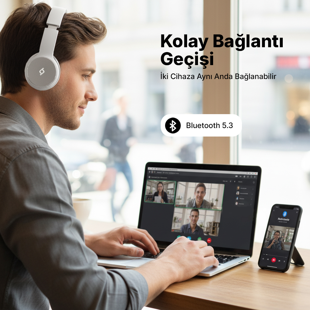 Beyaz kulaklıklı adam görüntülü görüşme için dizüstü bilgisayar kullanıyor. Bluetooth 5.3.