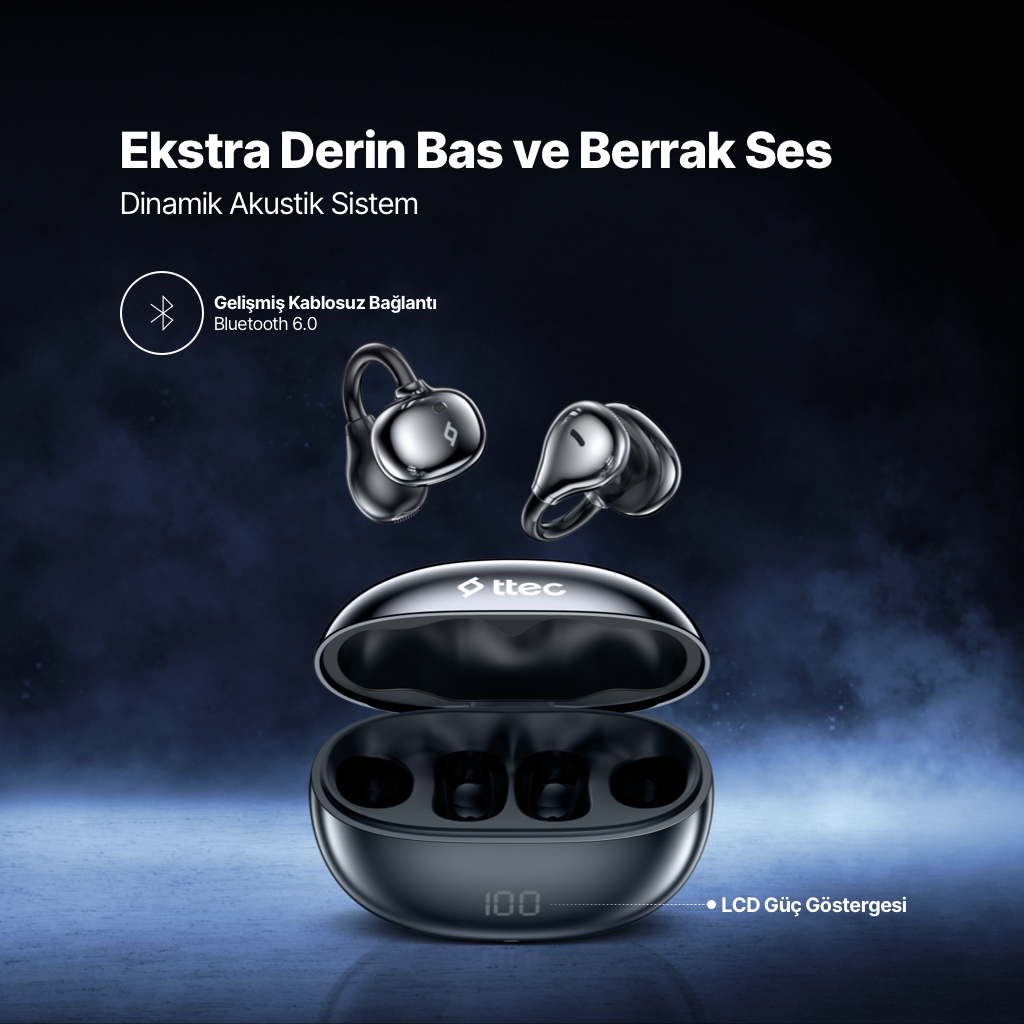 Açık siyah şarj kutusu, üzerinde iki kulaklık. LCD 100 gösteriyor.