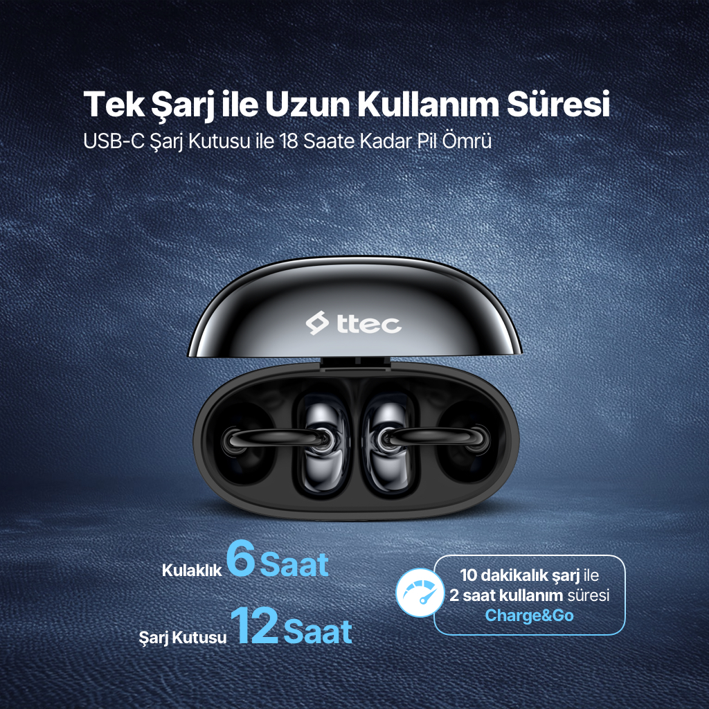 Siyah Ttec kulaklık şarj kutusuyla, 6 saat kulaklık, 12 saat kutu.