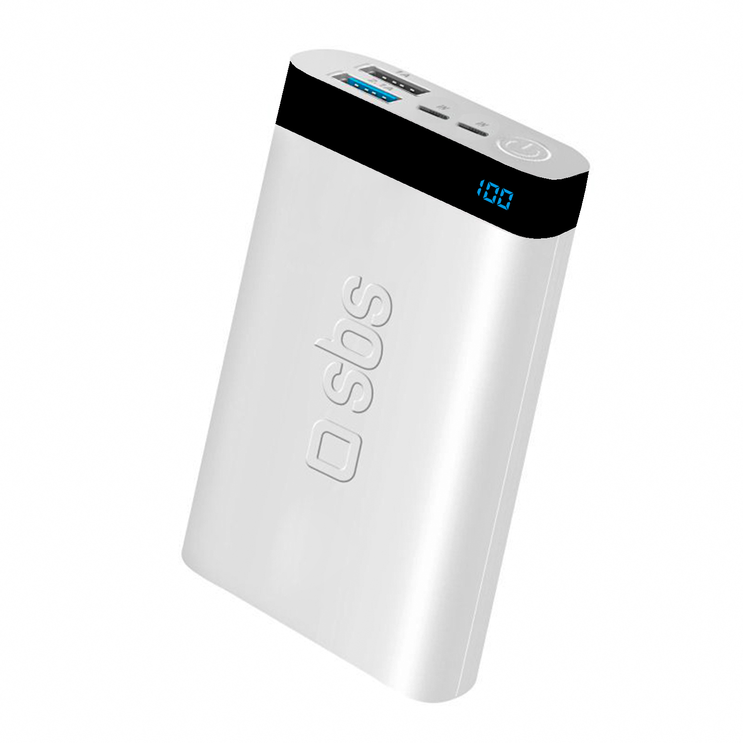 SBS logolu beyaz powerbank ve 100 dijital ekran.