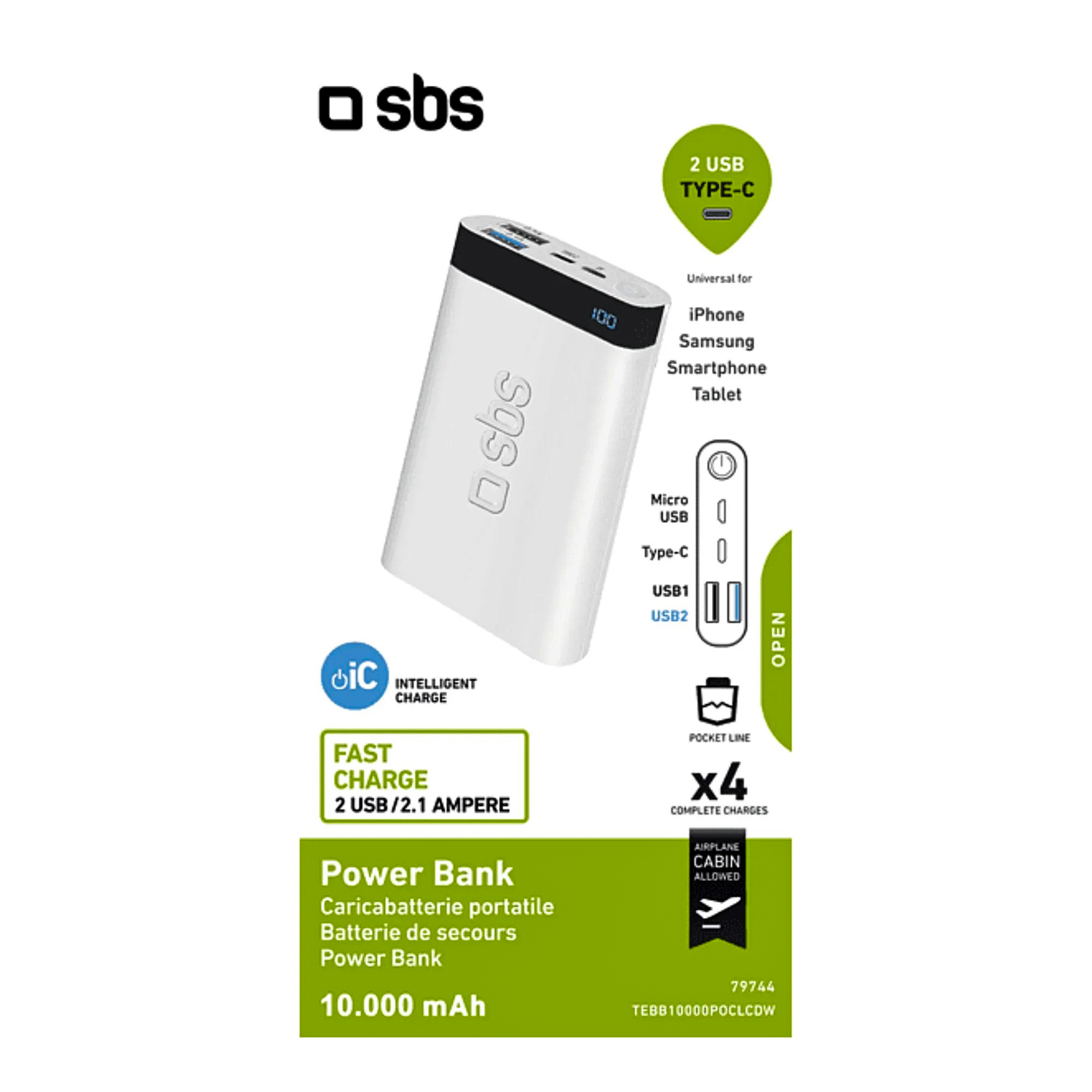 10.000 mAh, 2 USB bağlantı noktası ve USB-C'li beyaz SBS powerbank.