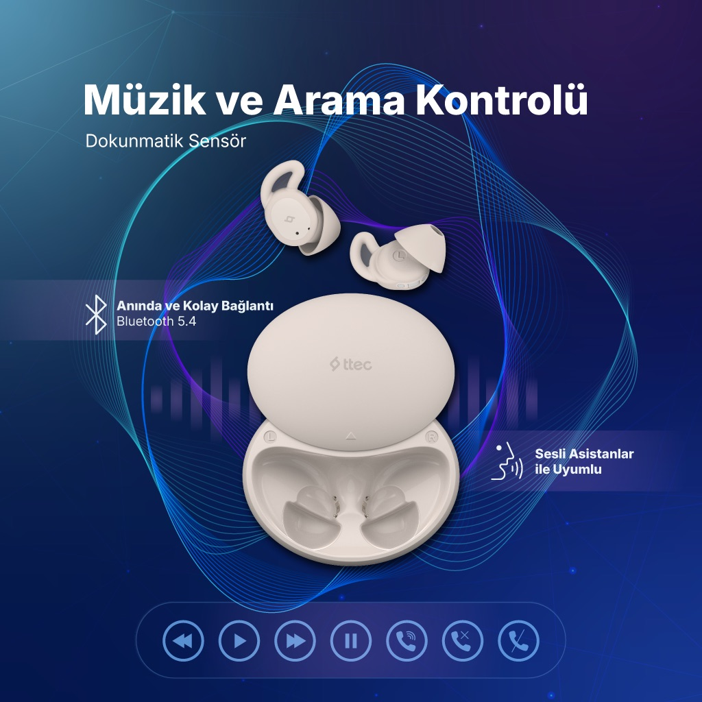 Beyaz TWS kulaklık şarj kutusu, Bluetooth 5.4, dokunmatik kontrol ve sesli asistan uyumluluğu ile.