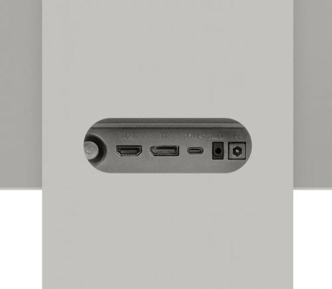 Zbliżenie na porty urządzenia: HDMI, USB-C, gniazdo audio i wejście zasilania DC.