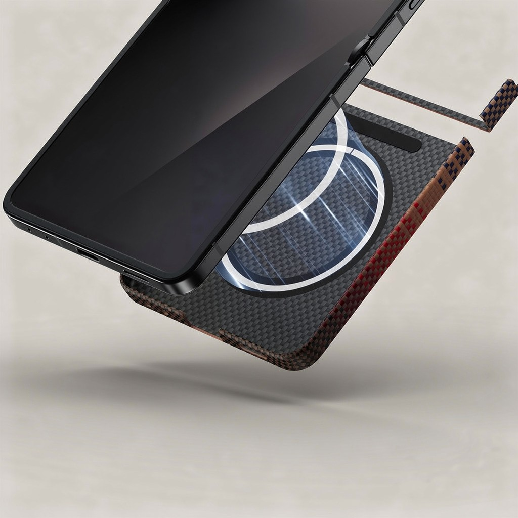 Smartfon umieszczono nad wzorem z włókna węglowego z okrągłymi światłami.
