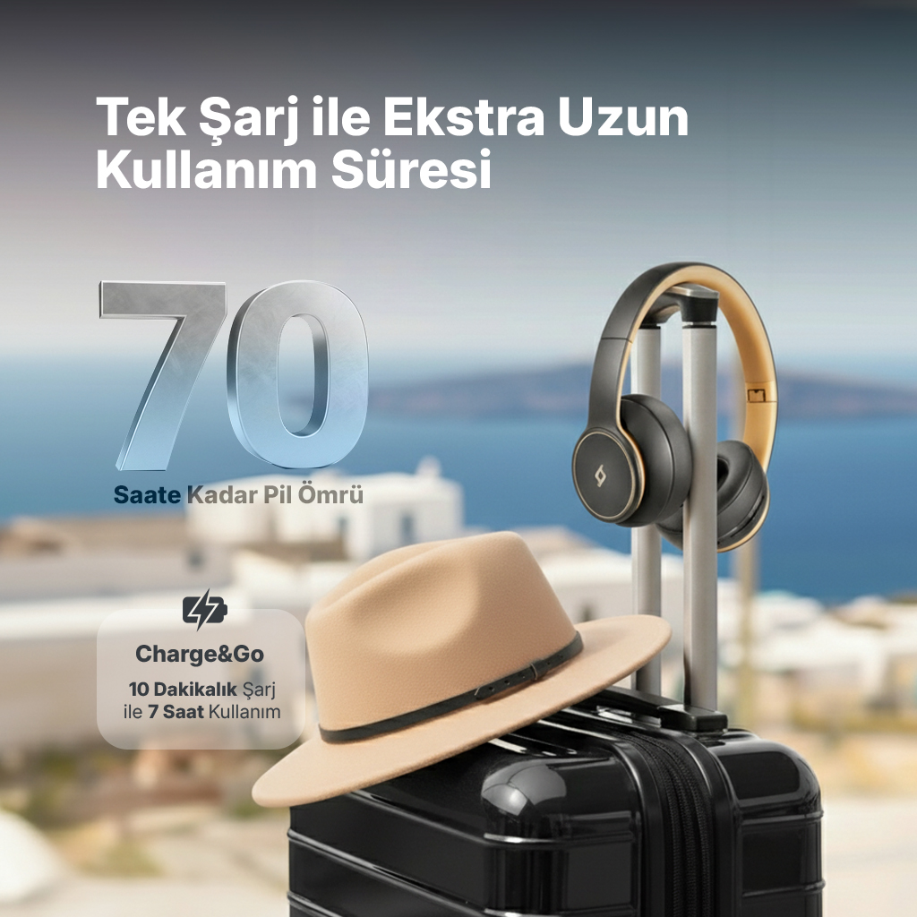 Kulaklık, şapka ve valiz, dışarıda 70 saat pil ömrü.