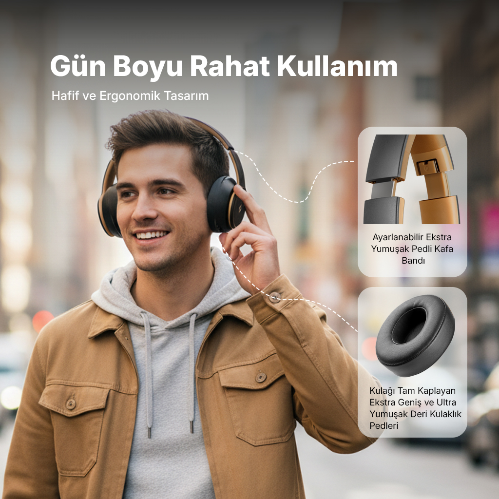 Ergonomik tasarımlı kulaklık takan bir adam, konfor ve tasarım.