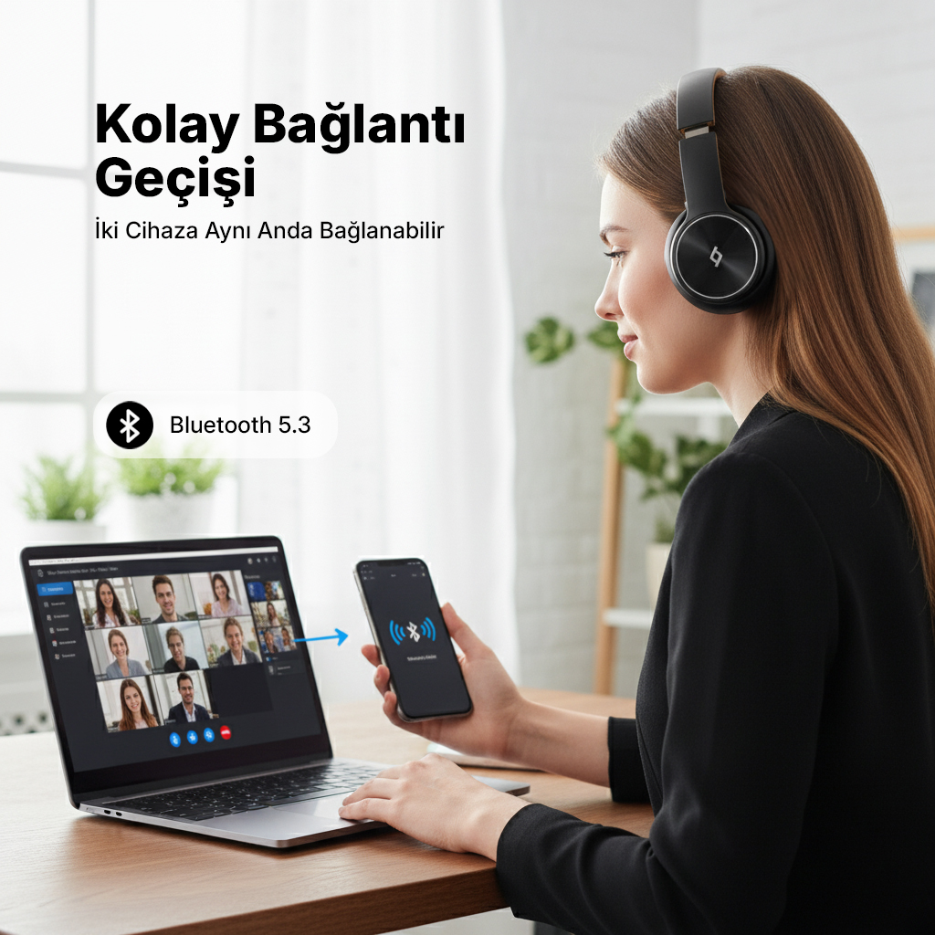 Kulaklıklı bir kadın, dizüstü bilgisayara bağlı bir akıllı telefon tutuyor.