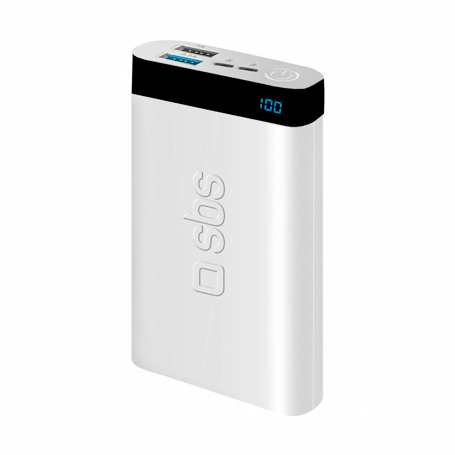 Dijital ekranda 100 gösteren beyaz powerbank. Kabartmalı SBS logosu.