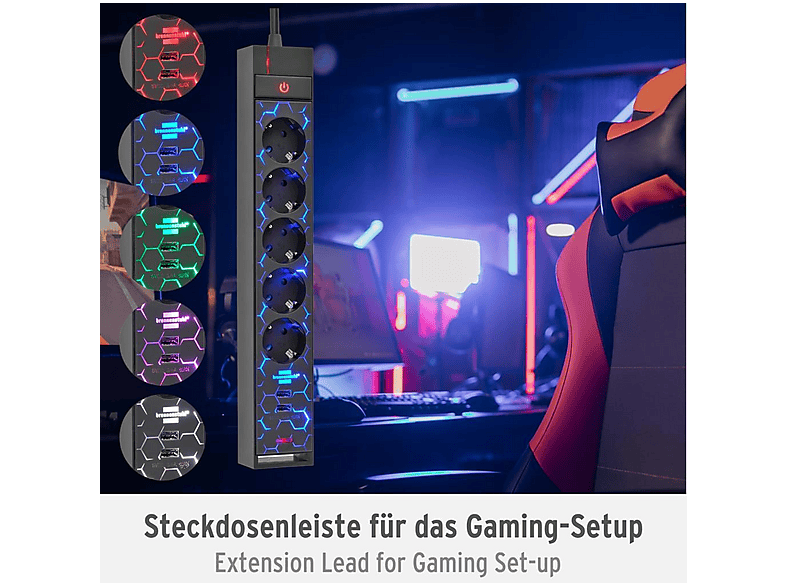 BRENNENSTUHL Oyuncu Serisi 5 Renk LED Aydınlatmalı ve Renk Değiştirme Modlu 2 USB 5 Soketli 1.5 Metre