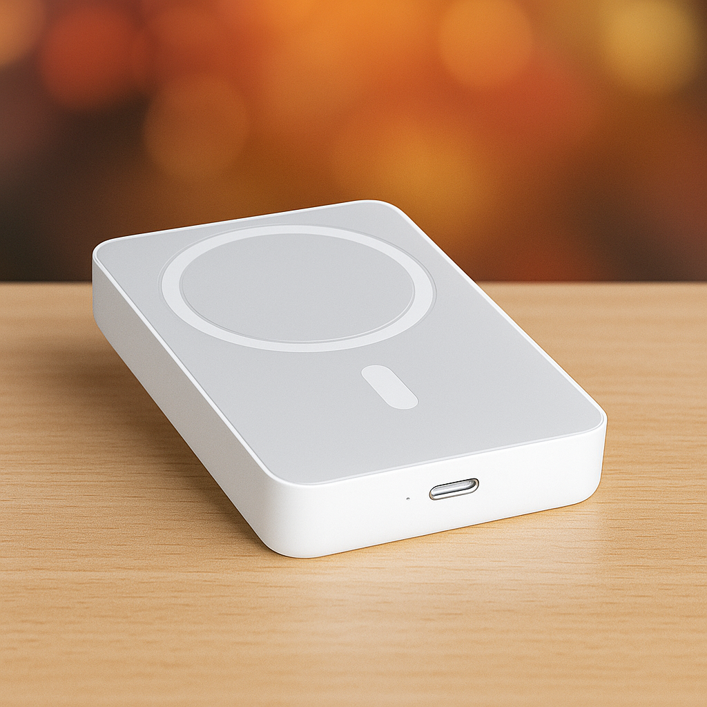 Ahşap bir masada USB-C bağlantı noktasına sahip beyaz MagSafe şarj cihazı.