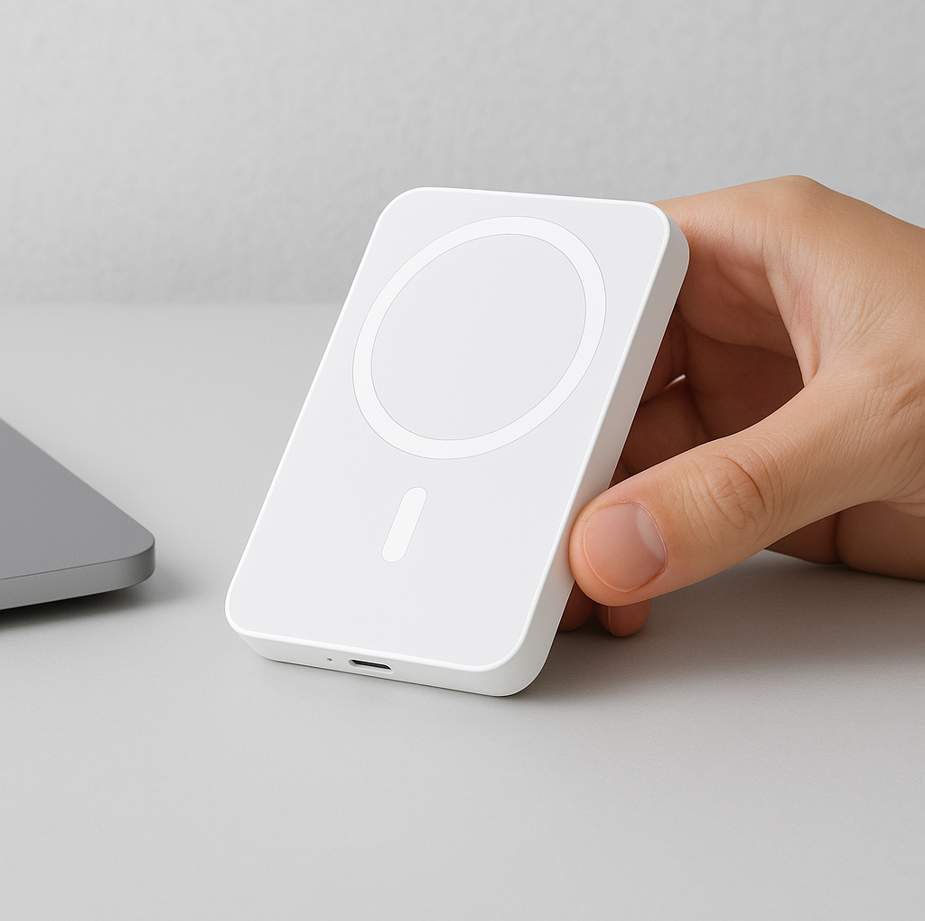 Bir el, USB-C bağlantı noktasına sahip beyaz manyetik kablosuz şarj cihazı tutuyor.