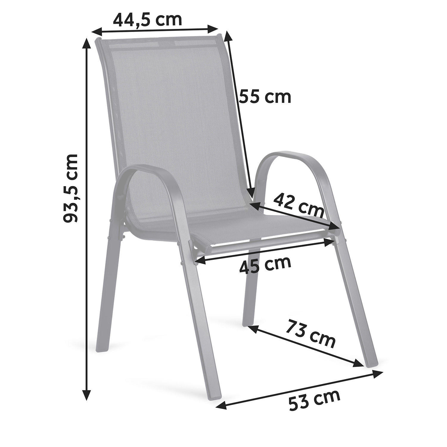 Szare krzesło z wymiarami: Wysokość 93,5cm, Szerokość 44,5cm.