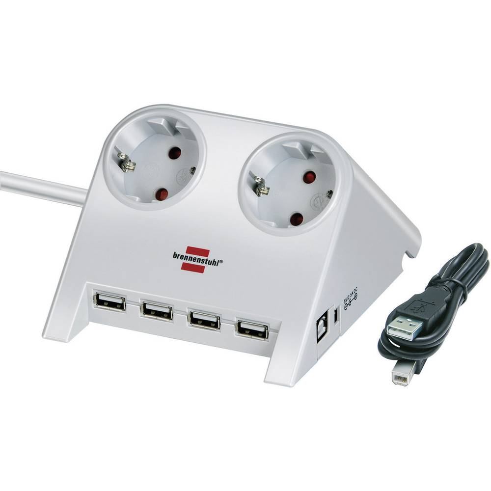 Dört USB bağlantı noktası ve iki prizi olan beyaz bir güç şeridi.