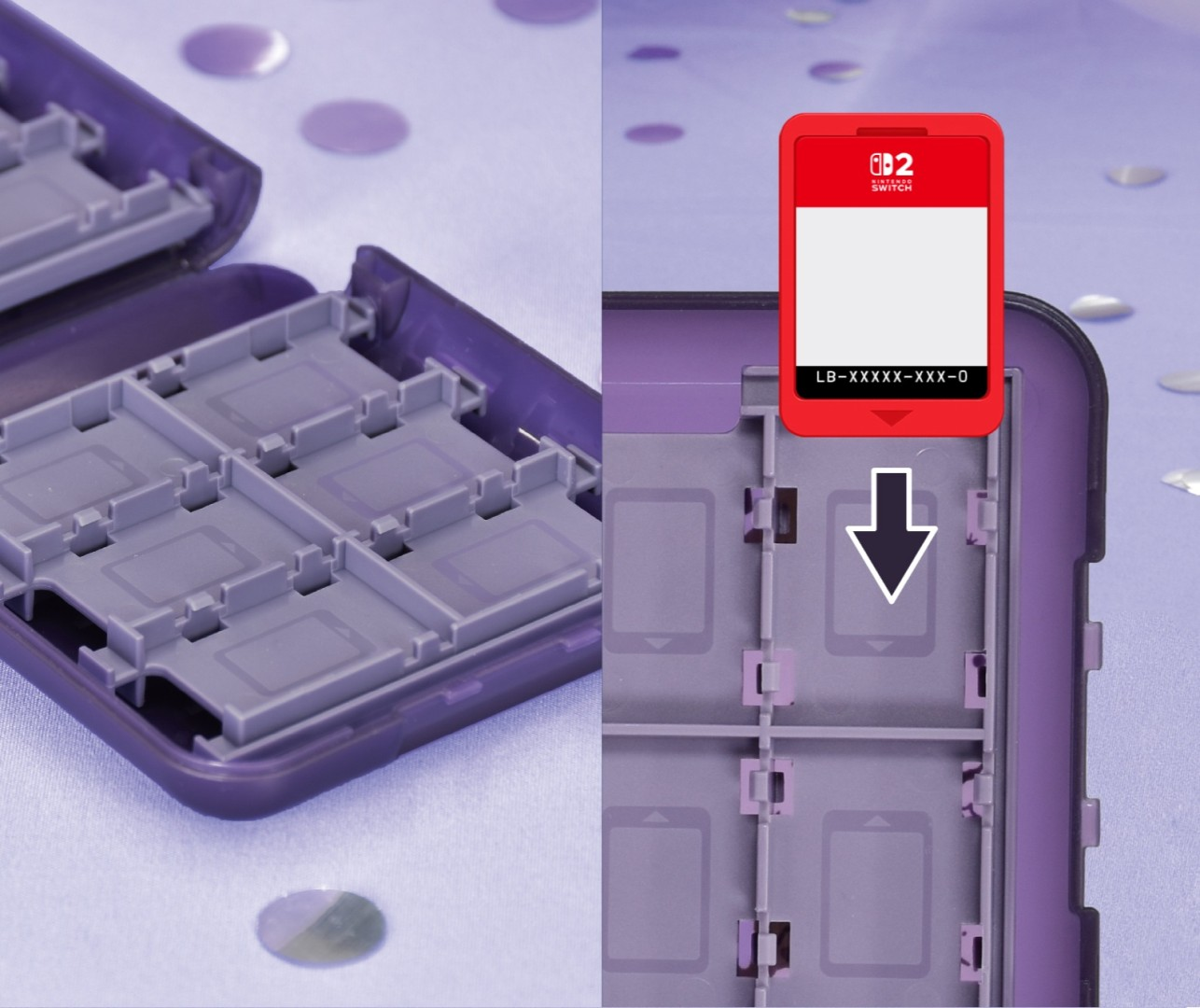 Fioletowy uchwyt na karty do gry z przegródkami i czerwoną kartą Switch.