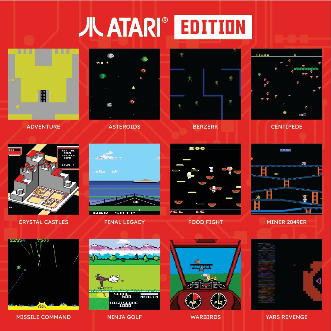 Una cuadrícula de capturas de pantalla de videojuegos de Atari, incluyendo títulos como Adventure, Asteroids, Berzerk.