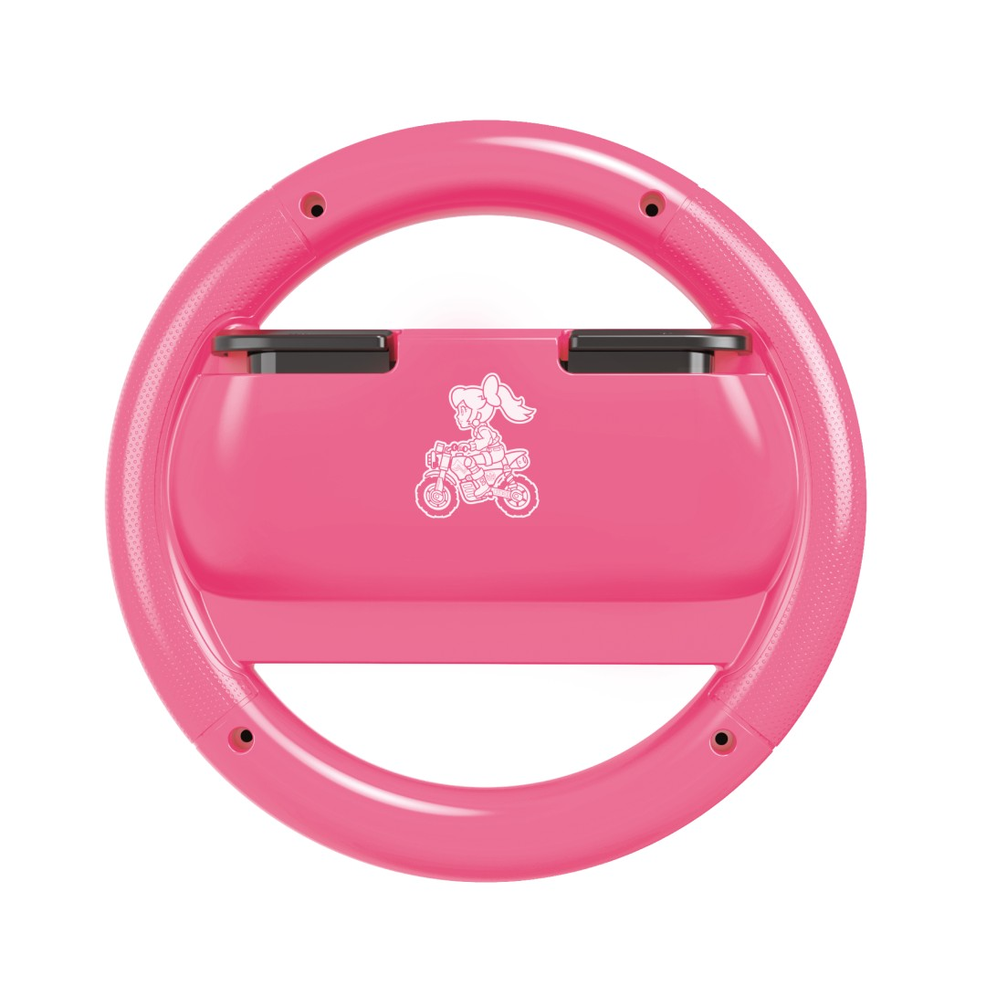 Un volante rosa con una pegatina de chica en moto.