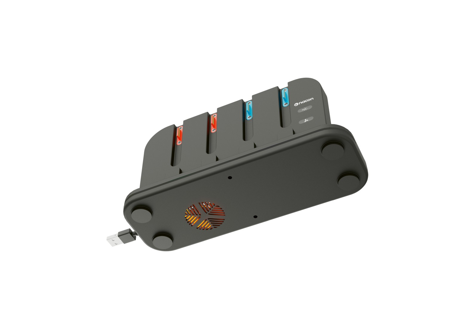 Soporte de carga negro con cuatro ranuras, luces rojas y azules y un cable USB.
