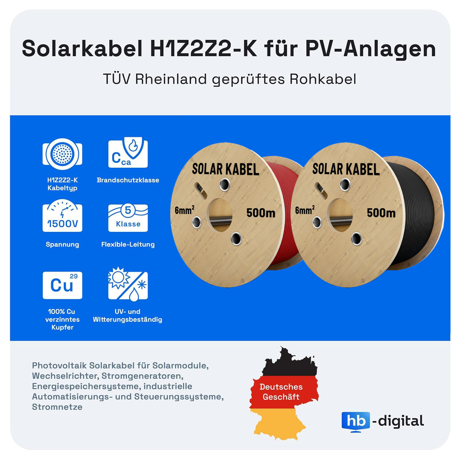 Solarkabel H1Z2Z2-K für PV-Anlagen auf Spulen. Merkmale: 1500V, 6mm², 500m.