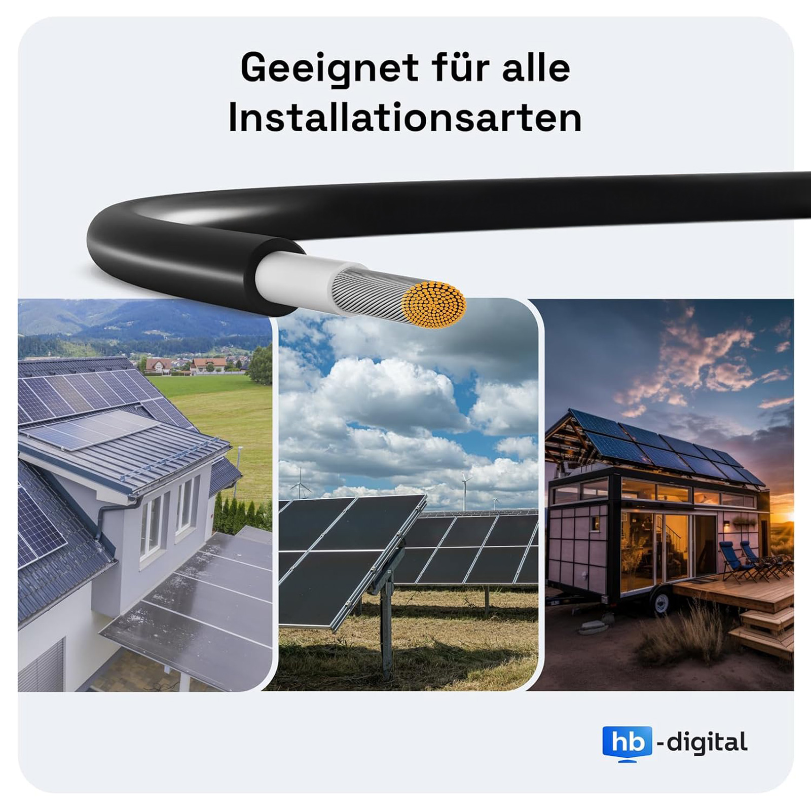 Ein Kabel über drei Szenarien: Solaranlagen auf Hausdach, Freiflächen und Tiny House.