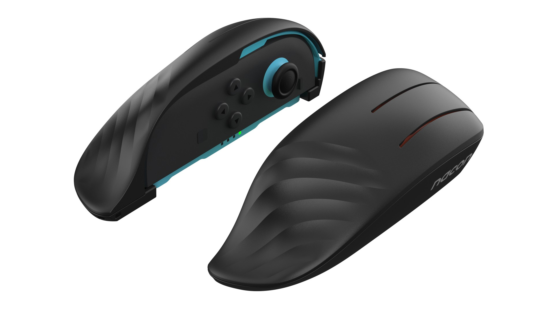 Zwei schwarze Gaming-Controller, einer mit blauen Akzenten und Knöpfen.