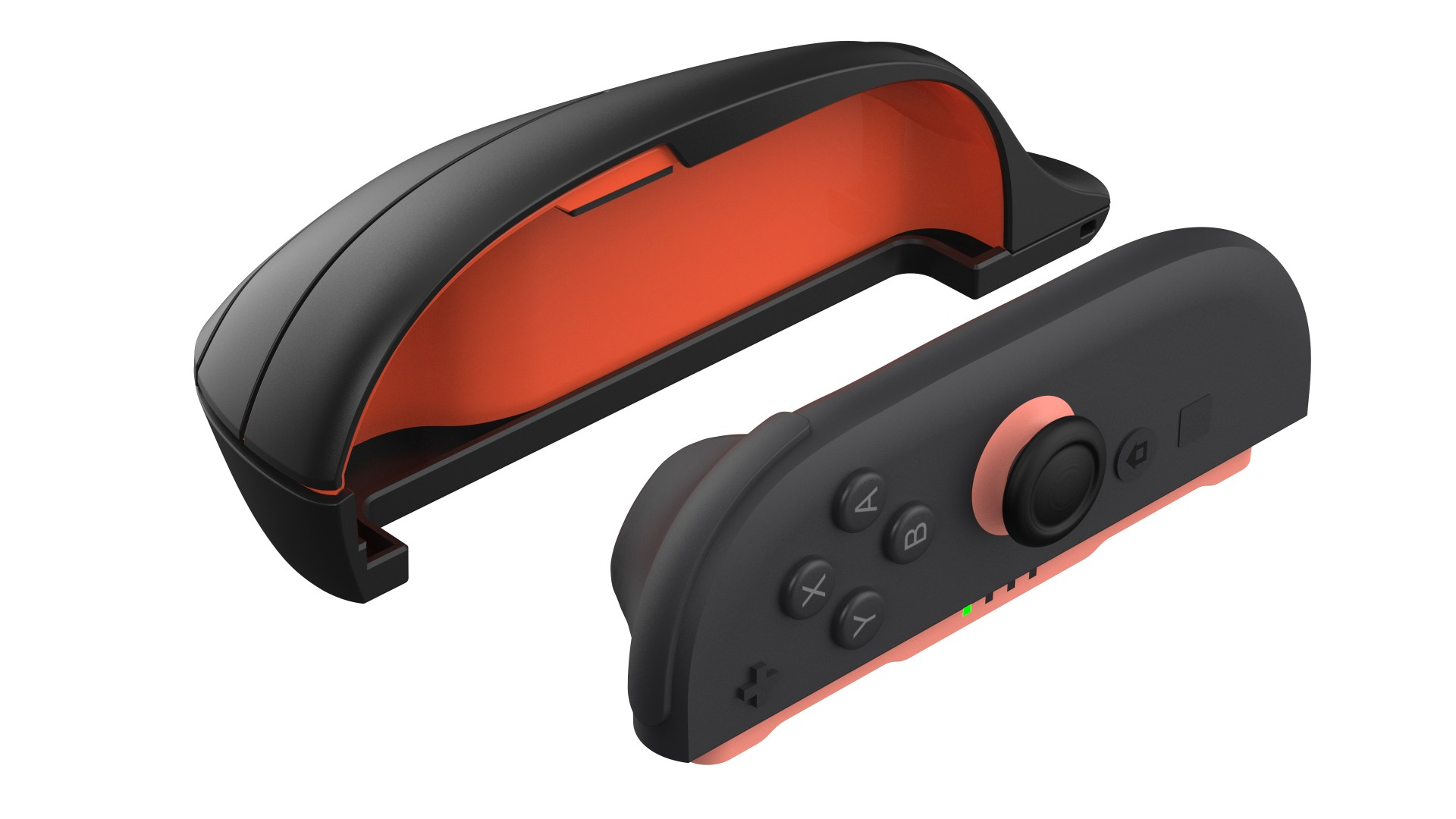 Ein schwarzer Controller-Griff und ein Controller-Teil mit orangefarbenen Akzenten.