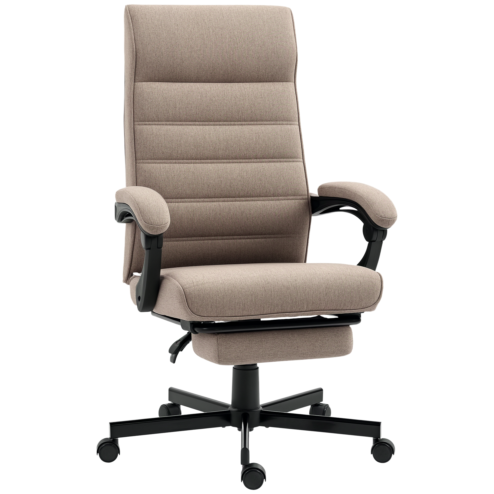 Sedia da ufficio beige con schienale e poggiapiedi regolabili.