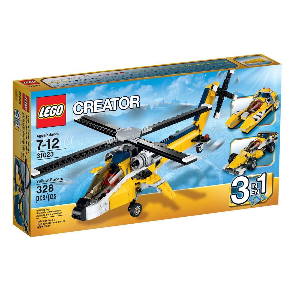 Set LEGO Creator 31023 Yellow Racers con elicottero, auto da corsa e motoscafo.