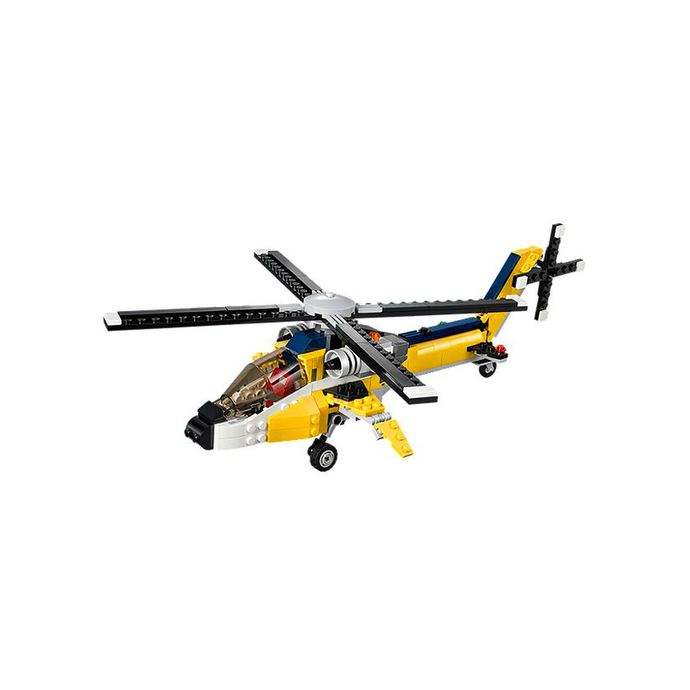 Un elicottero Lego giallo con accenti blu e neri e rotori rotanti.