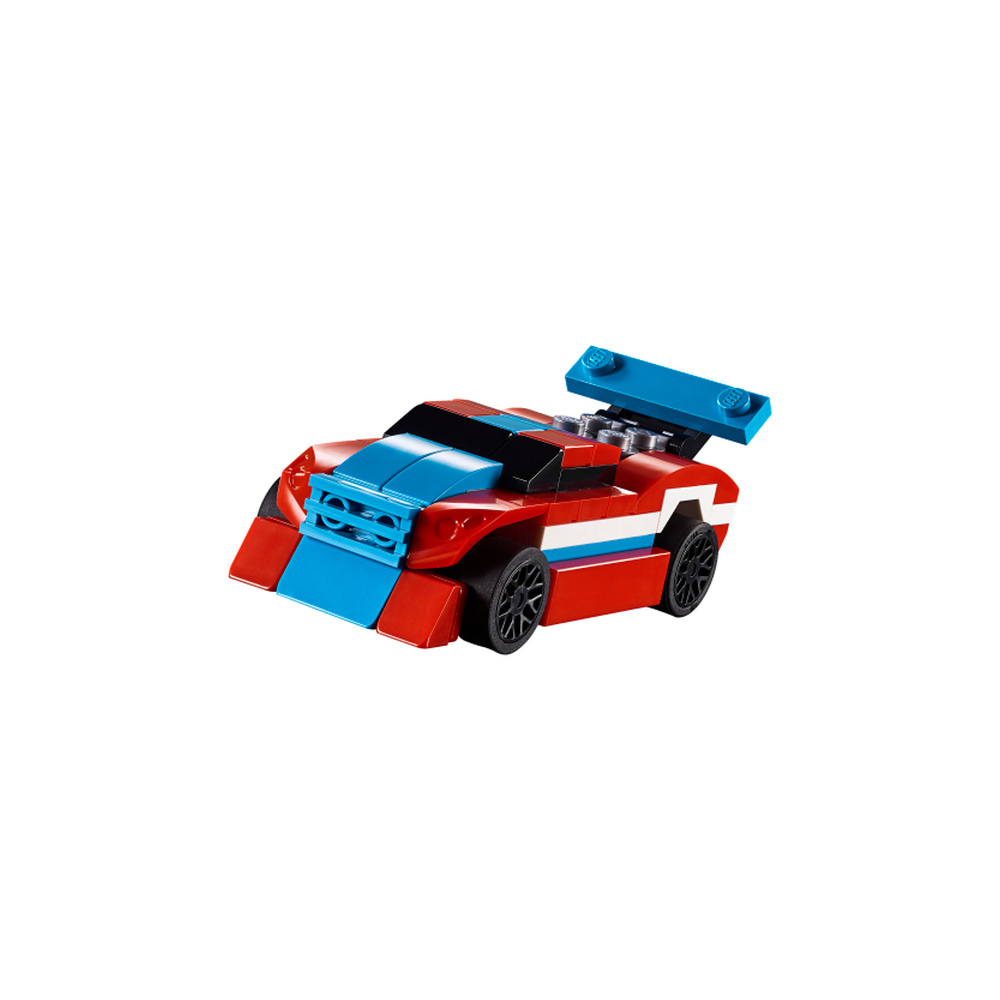 Una macchina da corsa Lego rossa con accenti blu e uno spoiler.