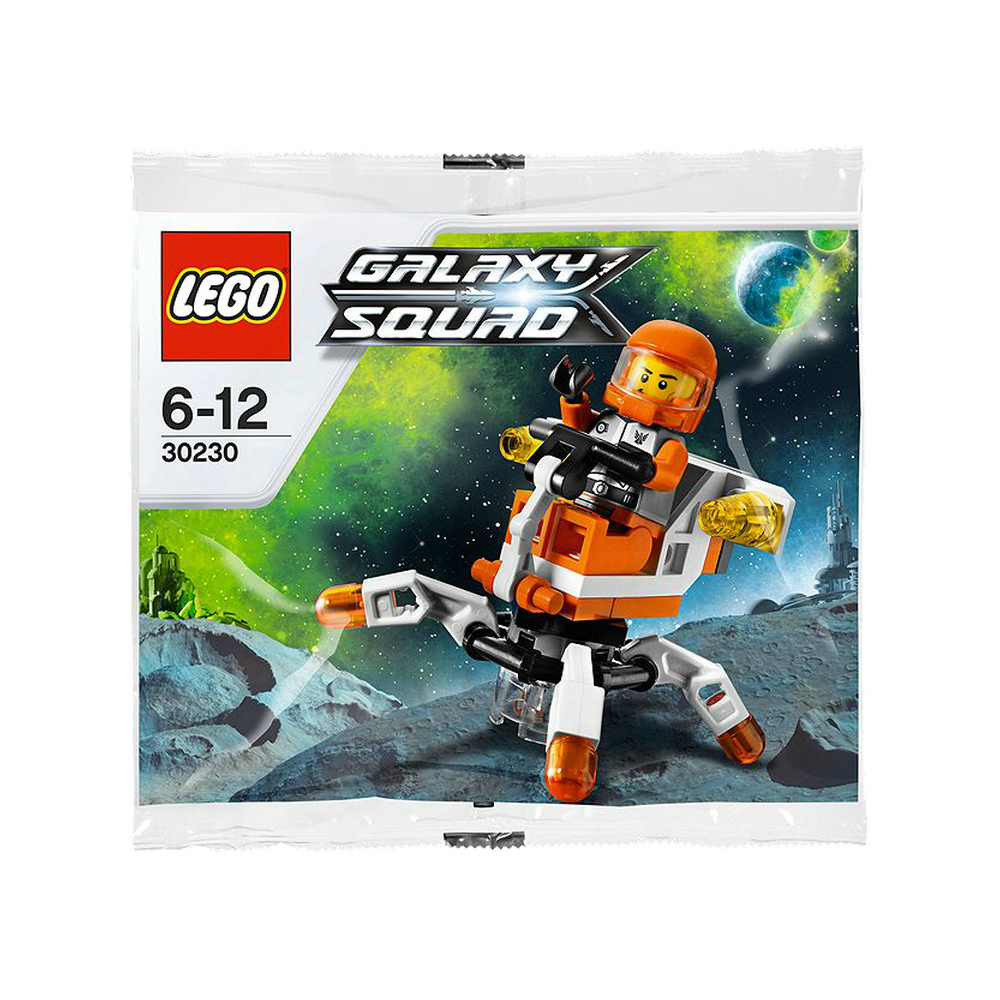 Confezione set Lego Galaxy Squad con veicolo spaziale arancione e bianco e astronauta.