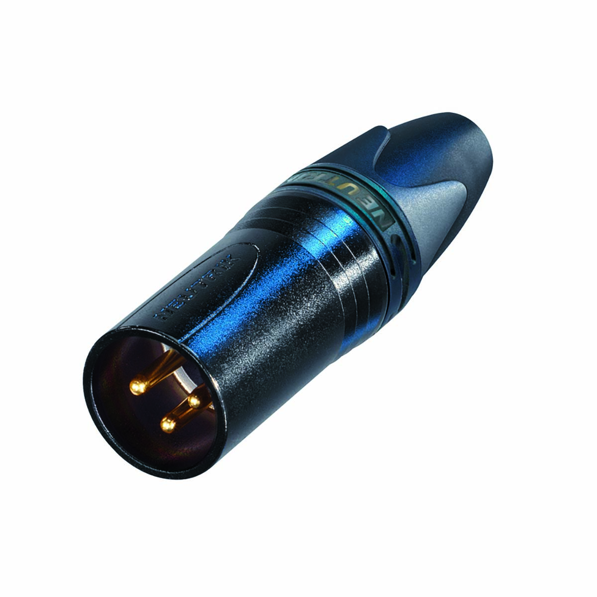 Connettore XLR nero con accenti blu e tre pin dorati.