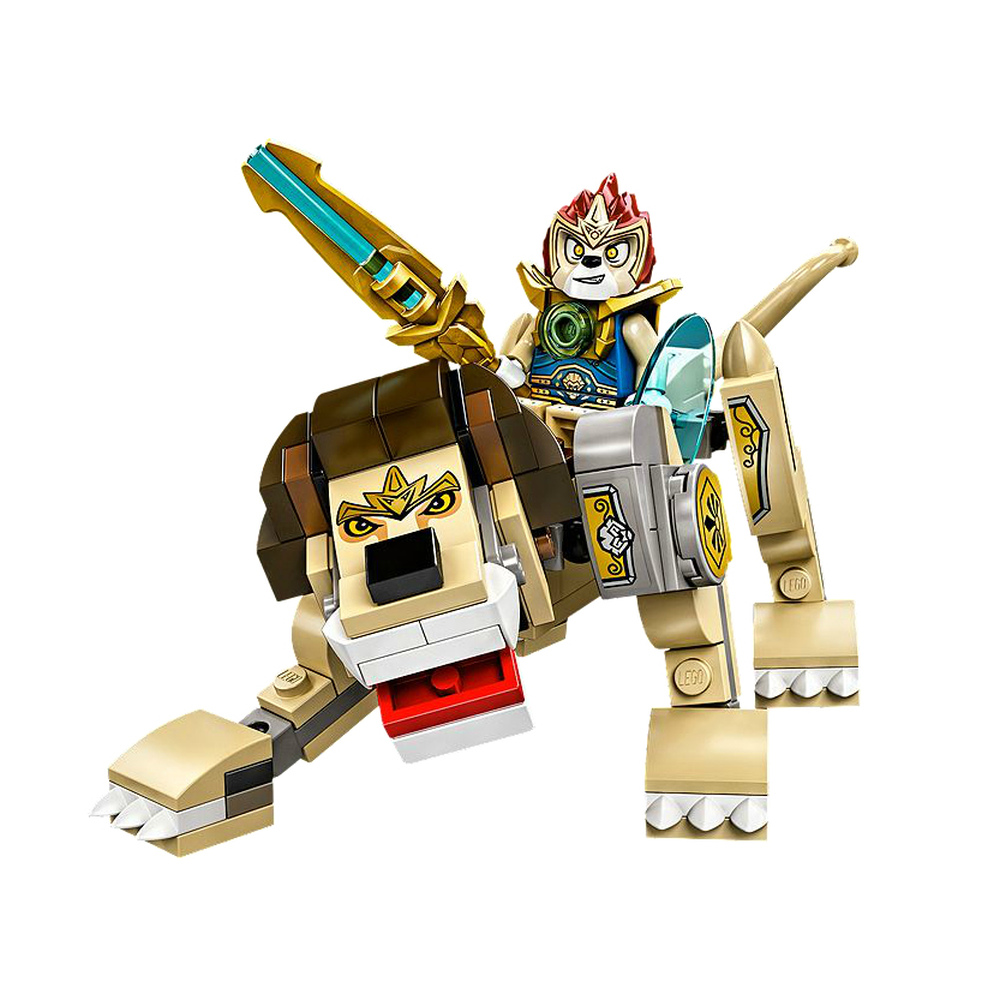 Een LEGO-krijger in harnas rijdt op een leeuw met een gouden zwaard.