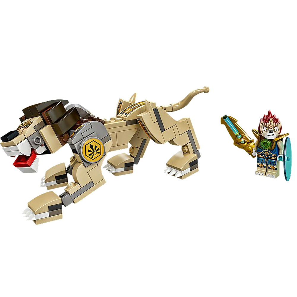 Een Lego leeuwenspeeltje met een krijger miniatuur speelgoed ernaast.