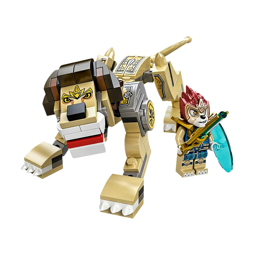Een Lego leeuwenrobot met een krijger die een zwaard en schild vasthoudt.