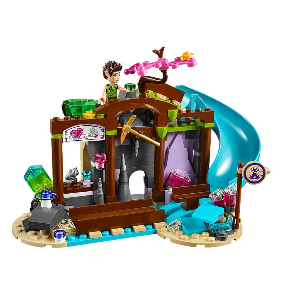 Un set di giocattoli Lego con una miniera, una figura, un animale e uno scivolo blu.