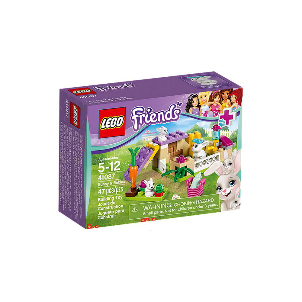 Scatola del set Lego Friends Coniglietto e Biberon con conigli, carota ed elementi da costruzione.