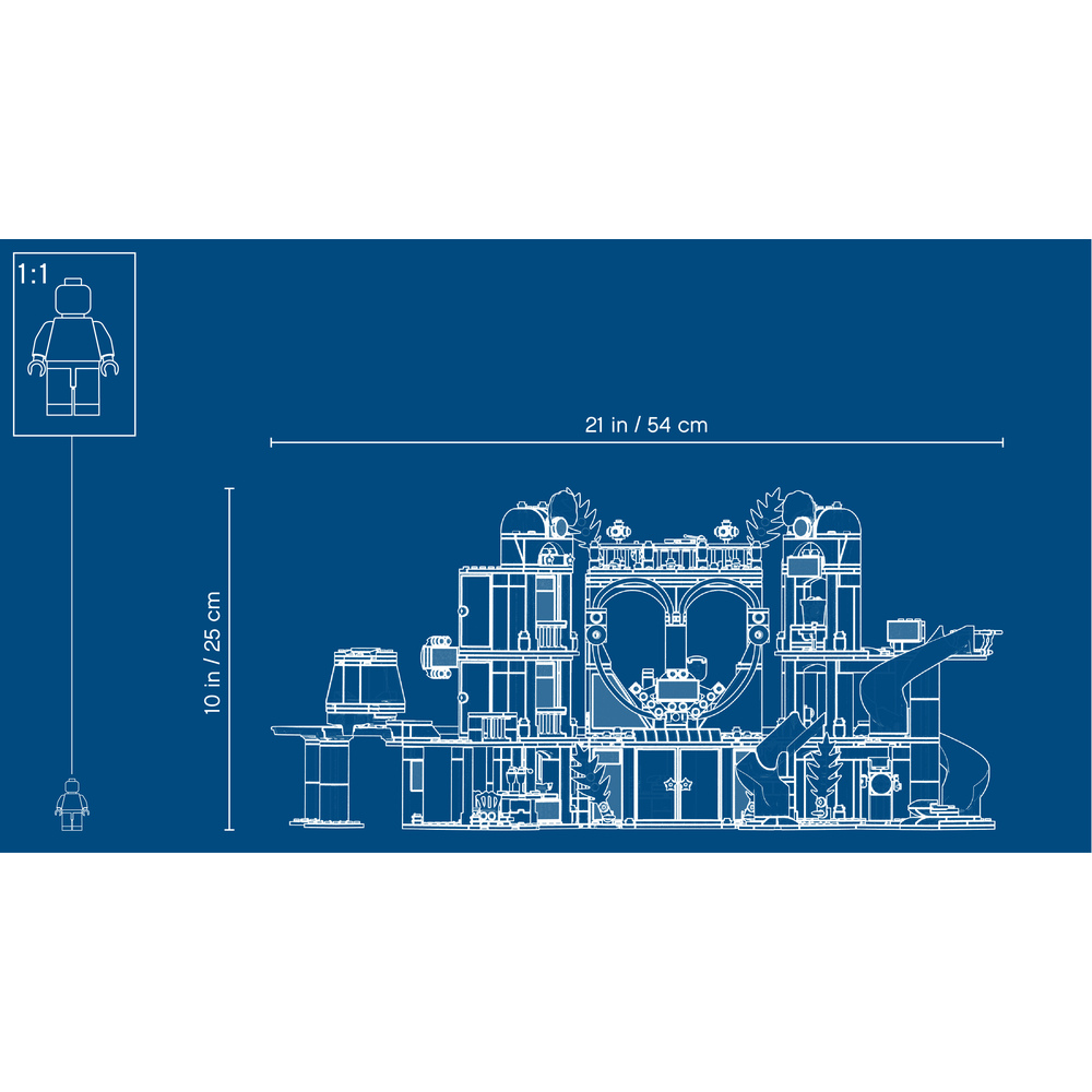 Diagramma di istruzioni: Un progetto dettagliato mostra un'elaborata costruzione Lego con cuore e torri.