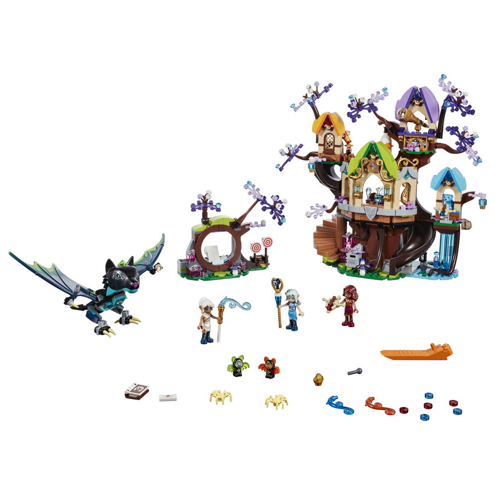 Set fantasy Lego con drago, casa sull'albero, figure e accessori su sfondo bianco.