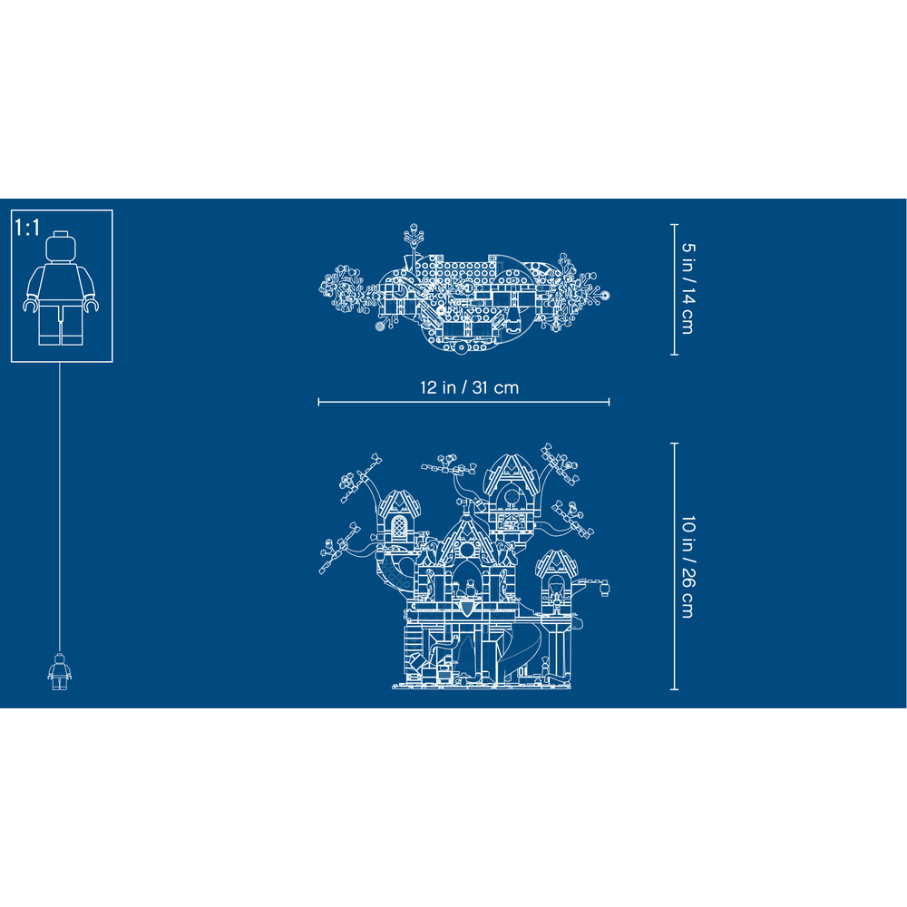 Progetto con figura LEGO, casa sull'albero e dimensioni (12x5x10 pollici).