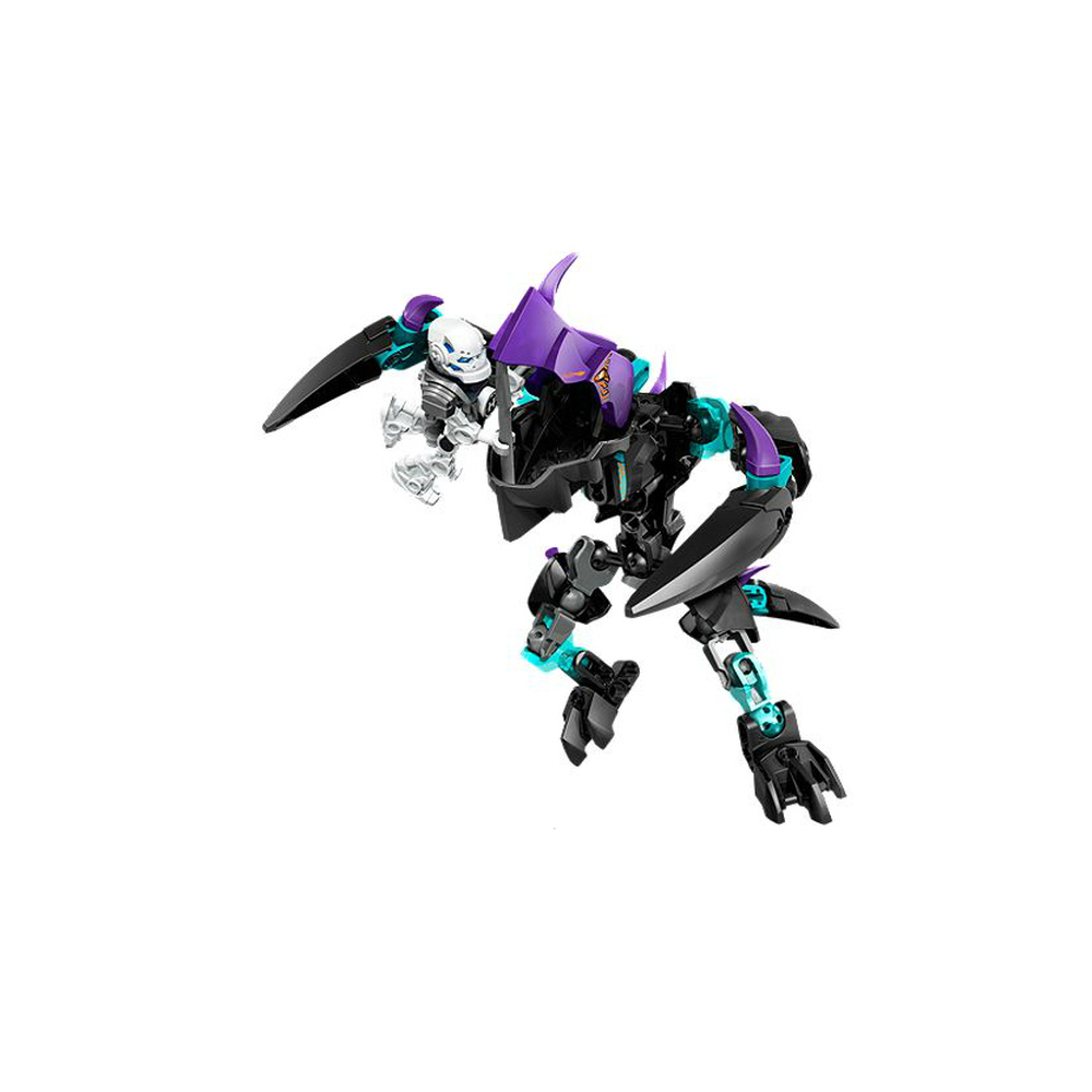 Un robot nero e viola con accenti blu, sospeso su sfondo bianco.