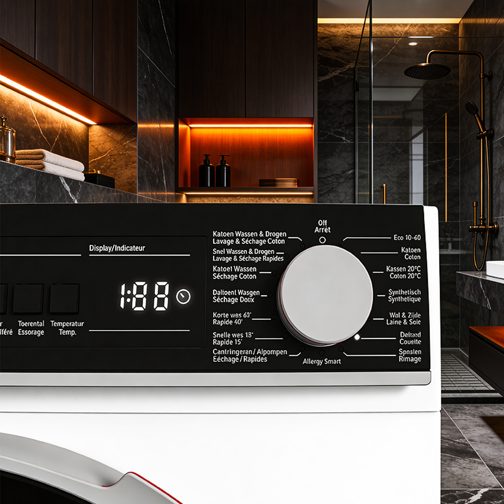 Washing machine control panel with program selection and digital display.