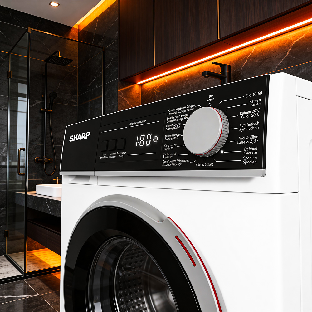 Modern white washing machine with black control panel, shower in background.