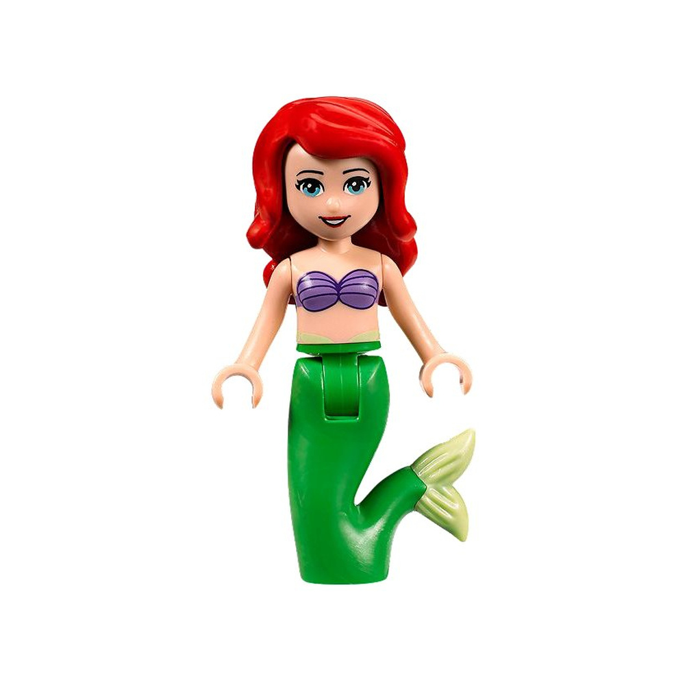 Personaggio Lego di Ariel con capelli rossi, reggiseno a conchiglia viola e coda di pesce verde.
