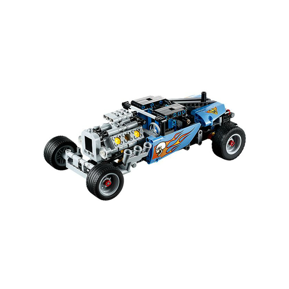 Hot rod Lego blu con motore a vista, fiamme e dettagli di teschio.
