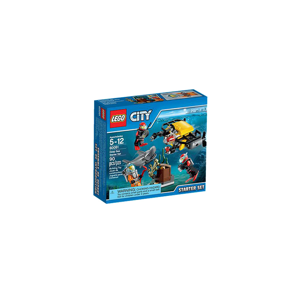 LEGO City Deep Sea Starter Set mostra sub, squalo, subacquei e forziere.